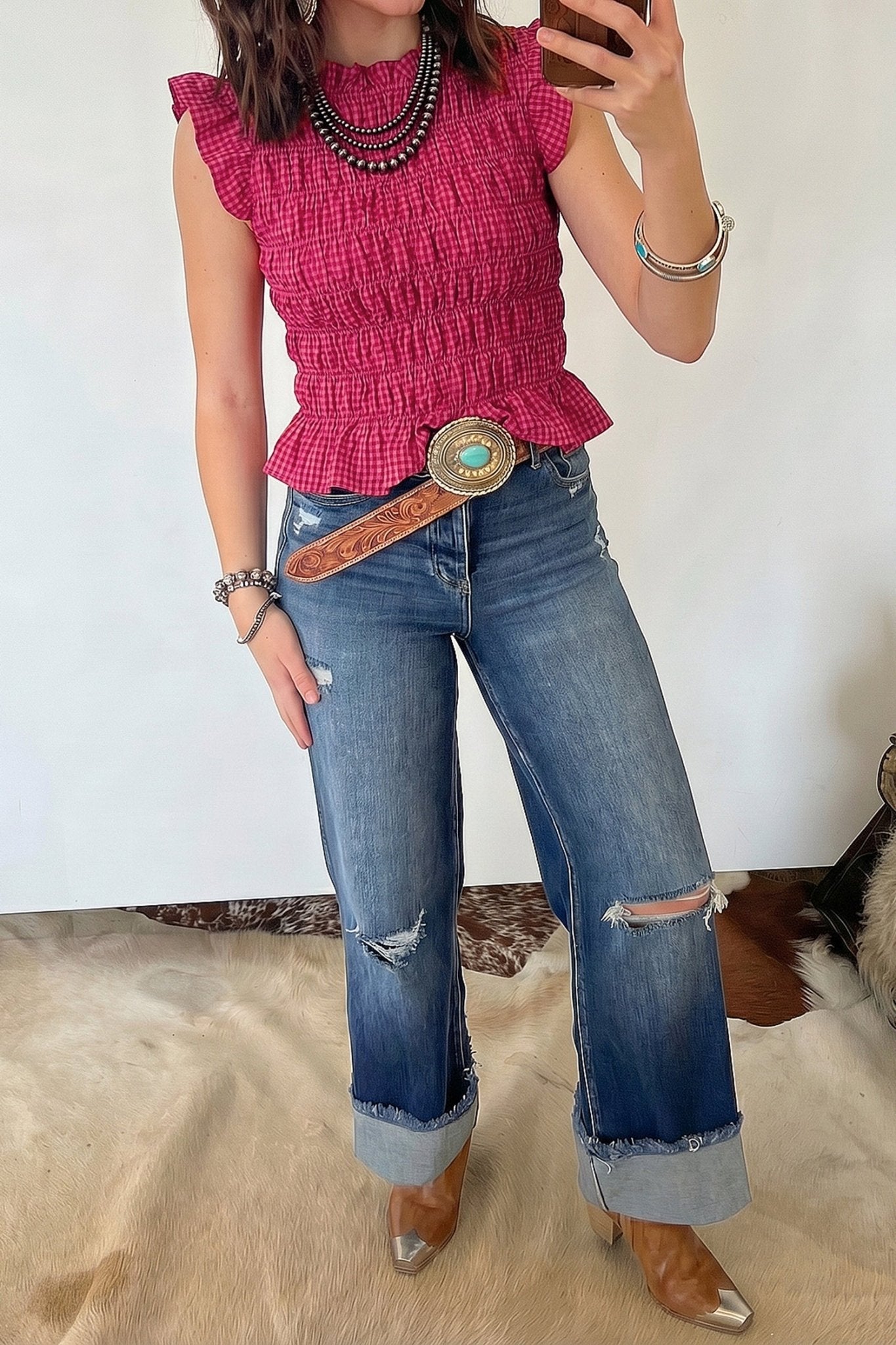 Red Plaid Shirred Ruffle Trim Tank Top - Loving It Shop