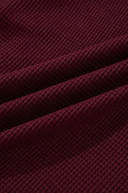 Burgundy Waffle Splicing Zip Up Front Button Hooded Jacket