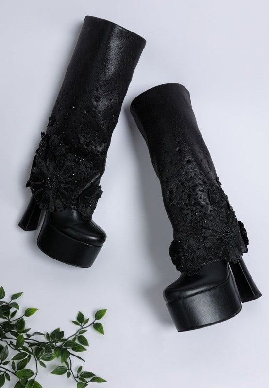 Sundra Floral Applique Platform Heeled Boots