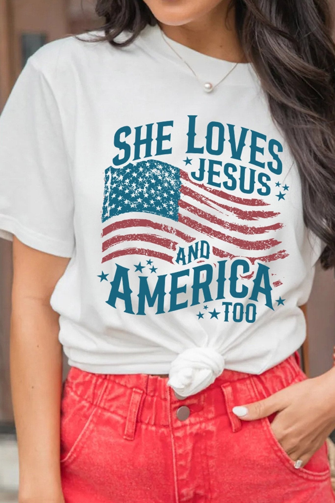 White She Loves Jesus and America Flag Graphic Tee - Loving It Shop