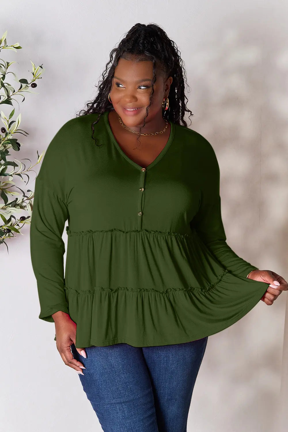I am a Fashion Junky Take Half Button Long Sleeve Ruffle Hem Blouse