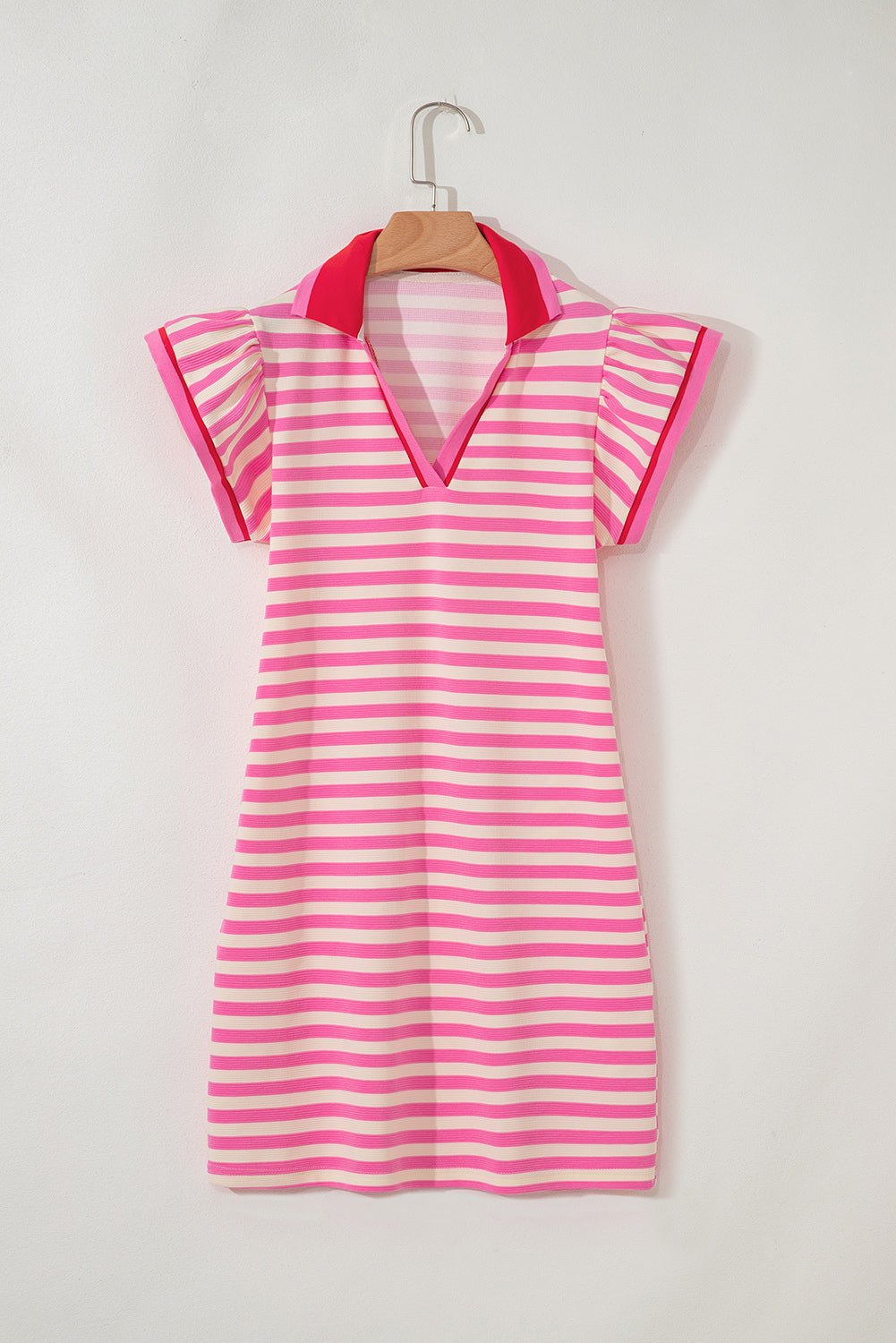 Sachet Pink Stripe Print Contrast Collar Split Neck Flutter Sleeve Short Dress - Loving It Shop