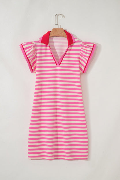 Sachet Pink Stripe Print Contrast Collar Split Neck Flutter Sleeve Short Dress - Loving It Shop