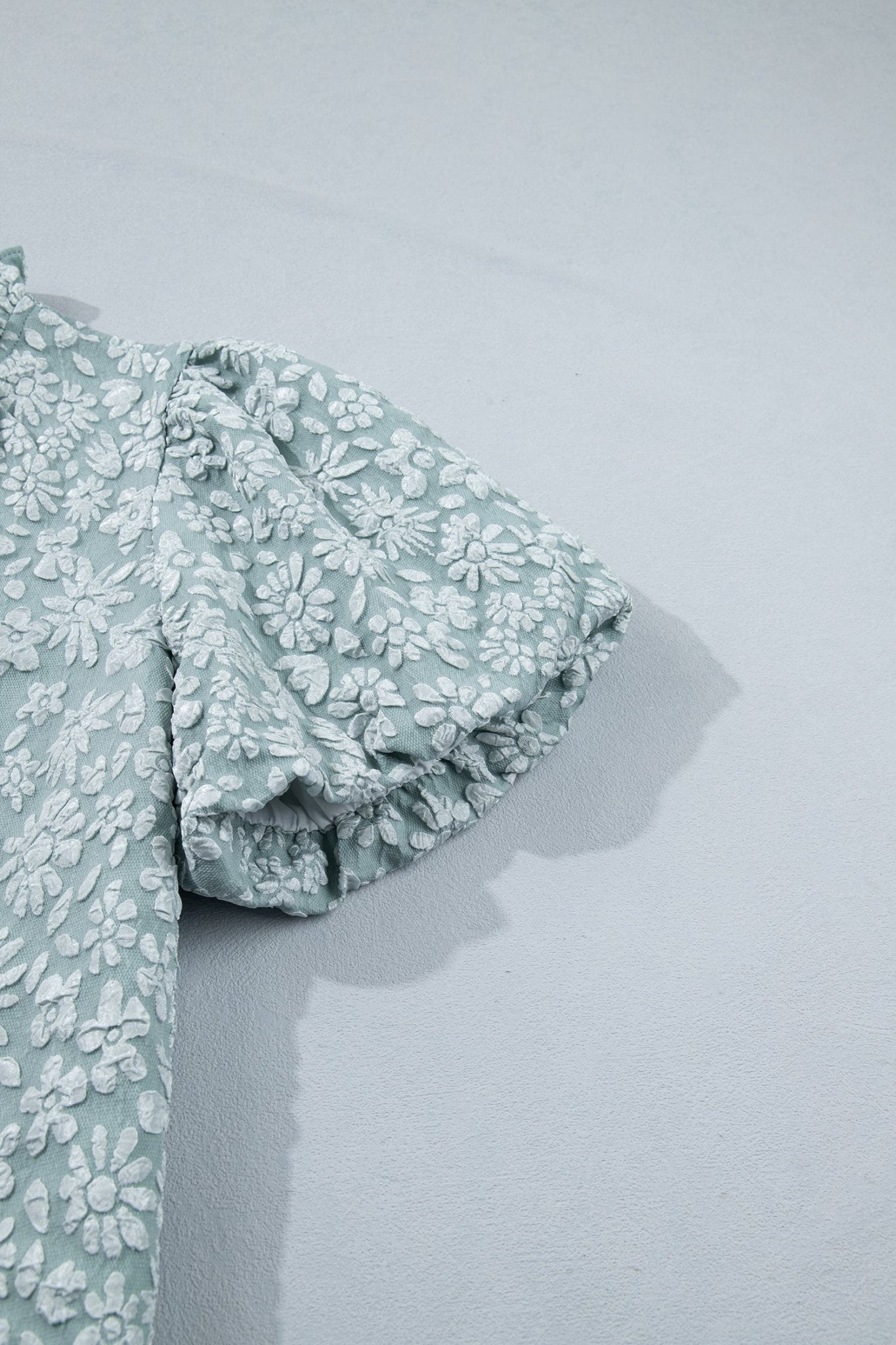 Iceland Blue Floral Textured Jacquard Puff Sleeve Blouse - Loving It Shop