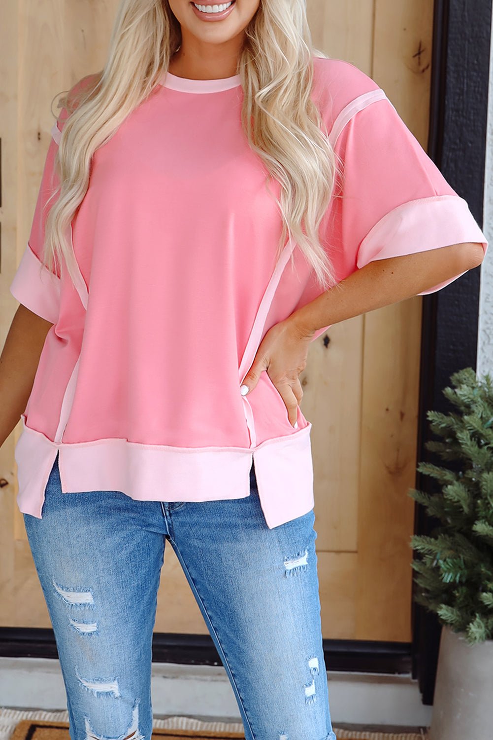 Peach Blossom Half Sleeve Raw Seam High Low Side Split Top - Loving It Shop
