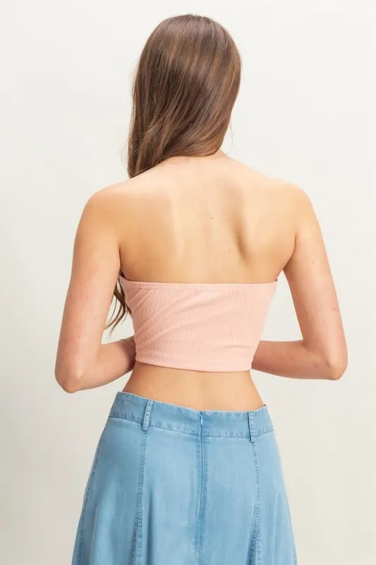 Buttoned Front Strapless Knit Bustier Top