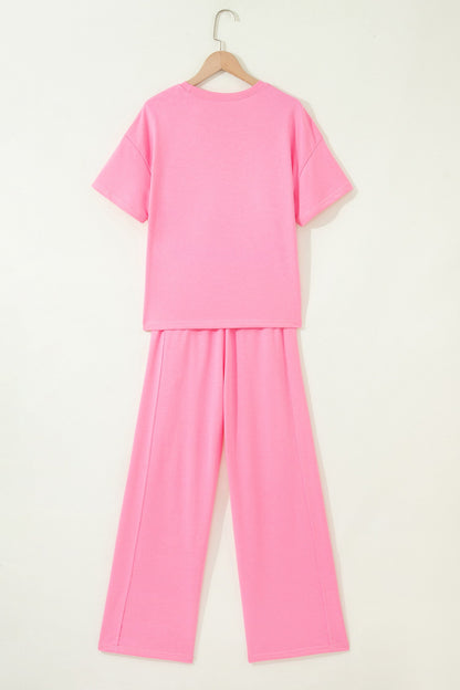 Sachet Pink Solid Cover Oversize Tee Pocketed Casual Pants 2pcs Outfit