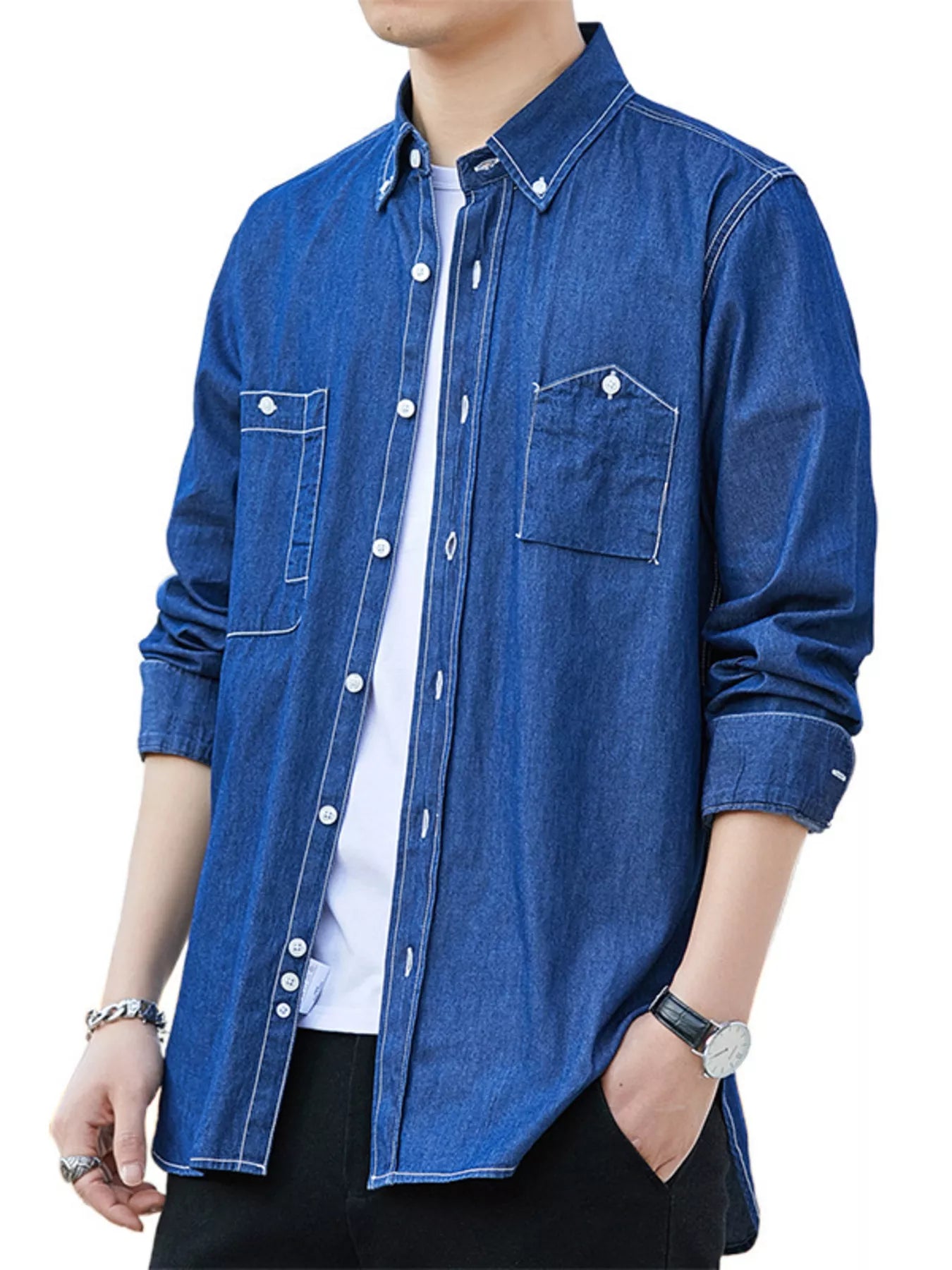 Men's Full Size Casual Long Sleeve Denim Shirt with Pockets Plus Size