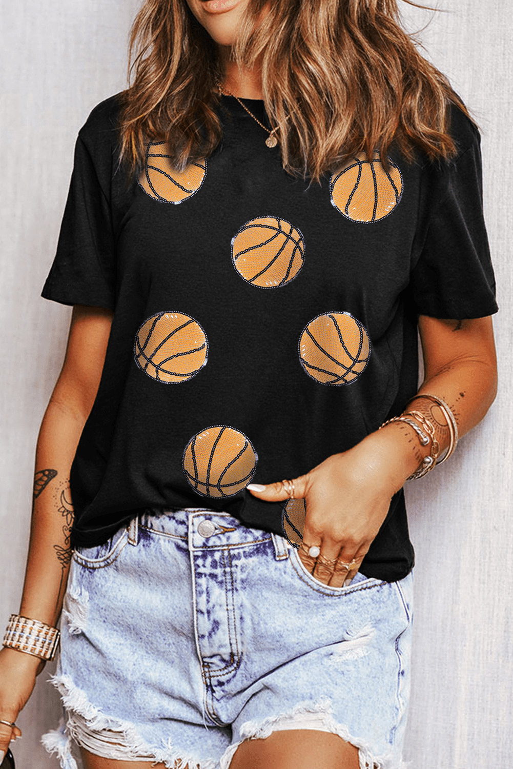 Black Sequin Basketball Graphic Crewneck Game Day T Shirt - Loving It Shop