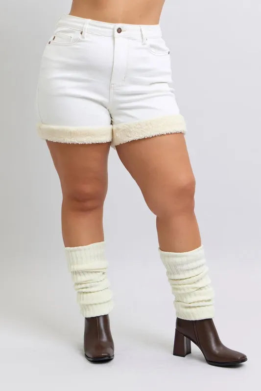 Full Size High Waist Shearling Cuff Denim Shorts Plus Size