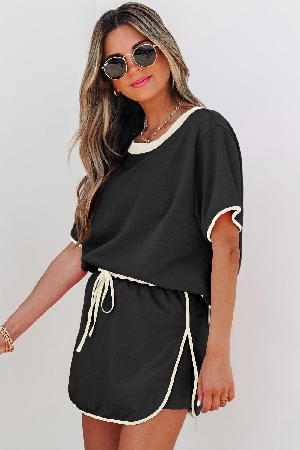 Black Colorblock Edge Drop Shoulder T Shirt and Skort 2Pcs Set - Loving It Shop