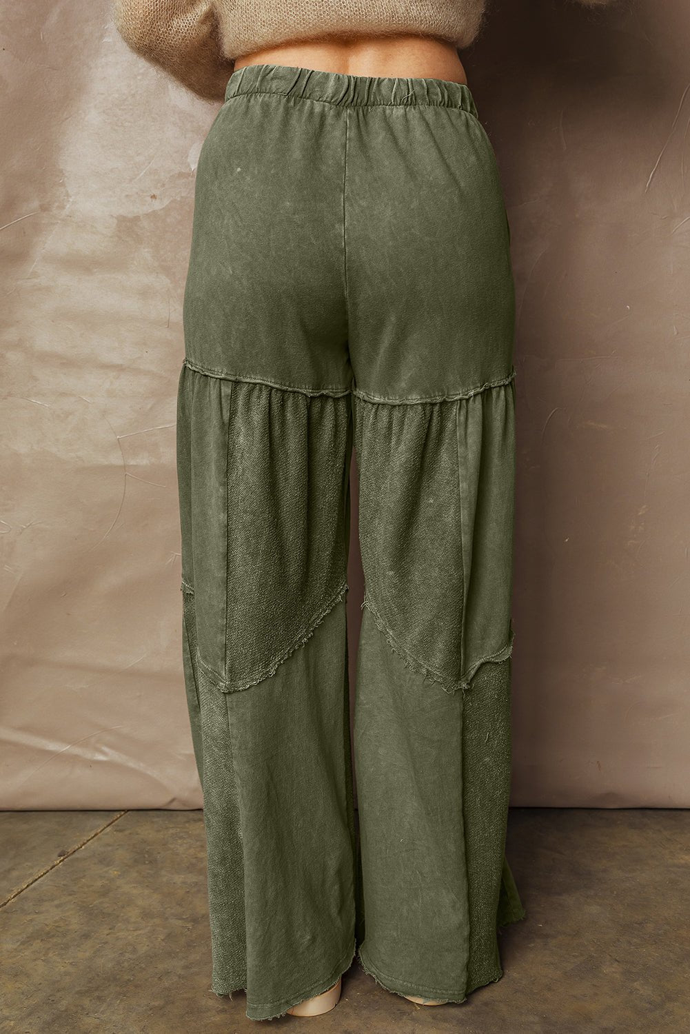 Vineyard Green Mineral Wash Tiered Wide Leg Patchwork Drawstring Pants - Loving It Shop