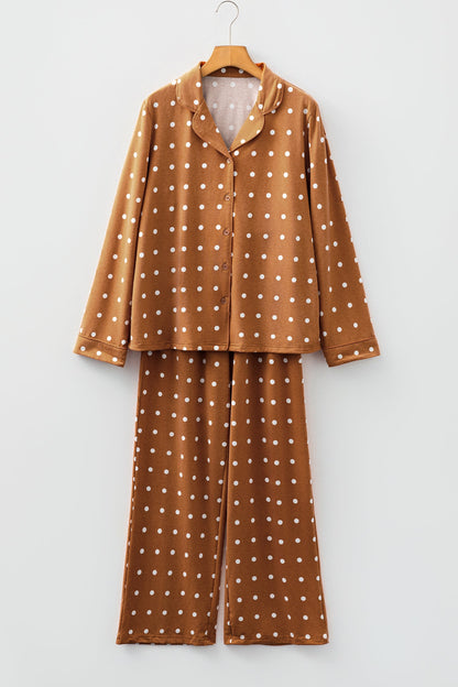Brown Polka Dot Print Long Sleeve Shirt Pant 2pcs Pajama Set