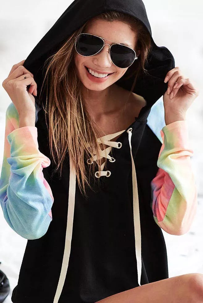 French Terry Lace Up Hoodie With Tie Dye Sleeves