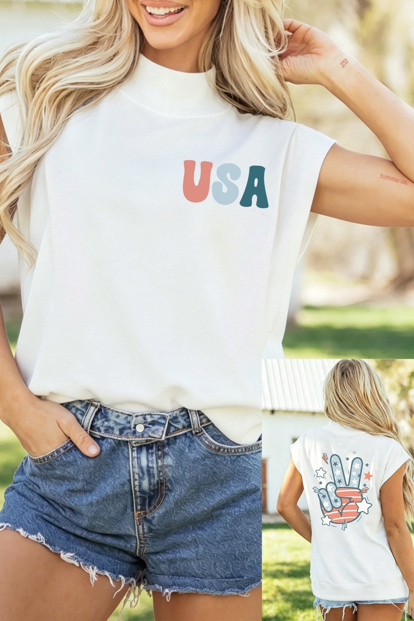 White USA/ Patriotic Victory Double Side Printed Mock Neck Tee - Loving It Shop