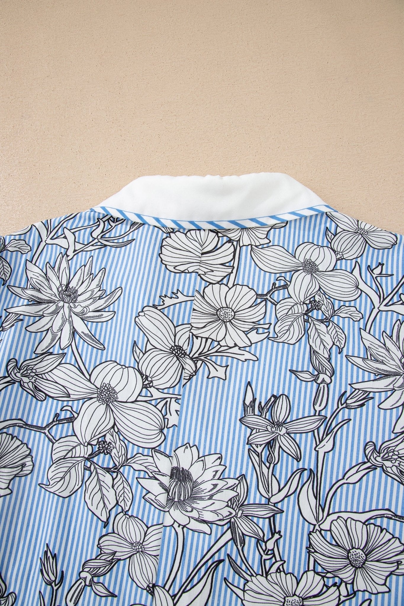 Sky Blue Floral Striped Printed Polo Collar Short Sleeve Blouse - Loving It Shop