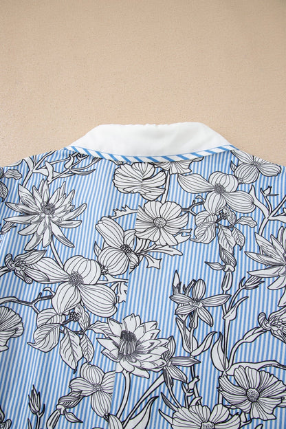 Sky Blue Floral Striped Printed Polo Collar Short Sleeve Blouse - Loving It Shop