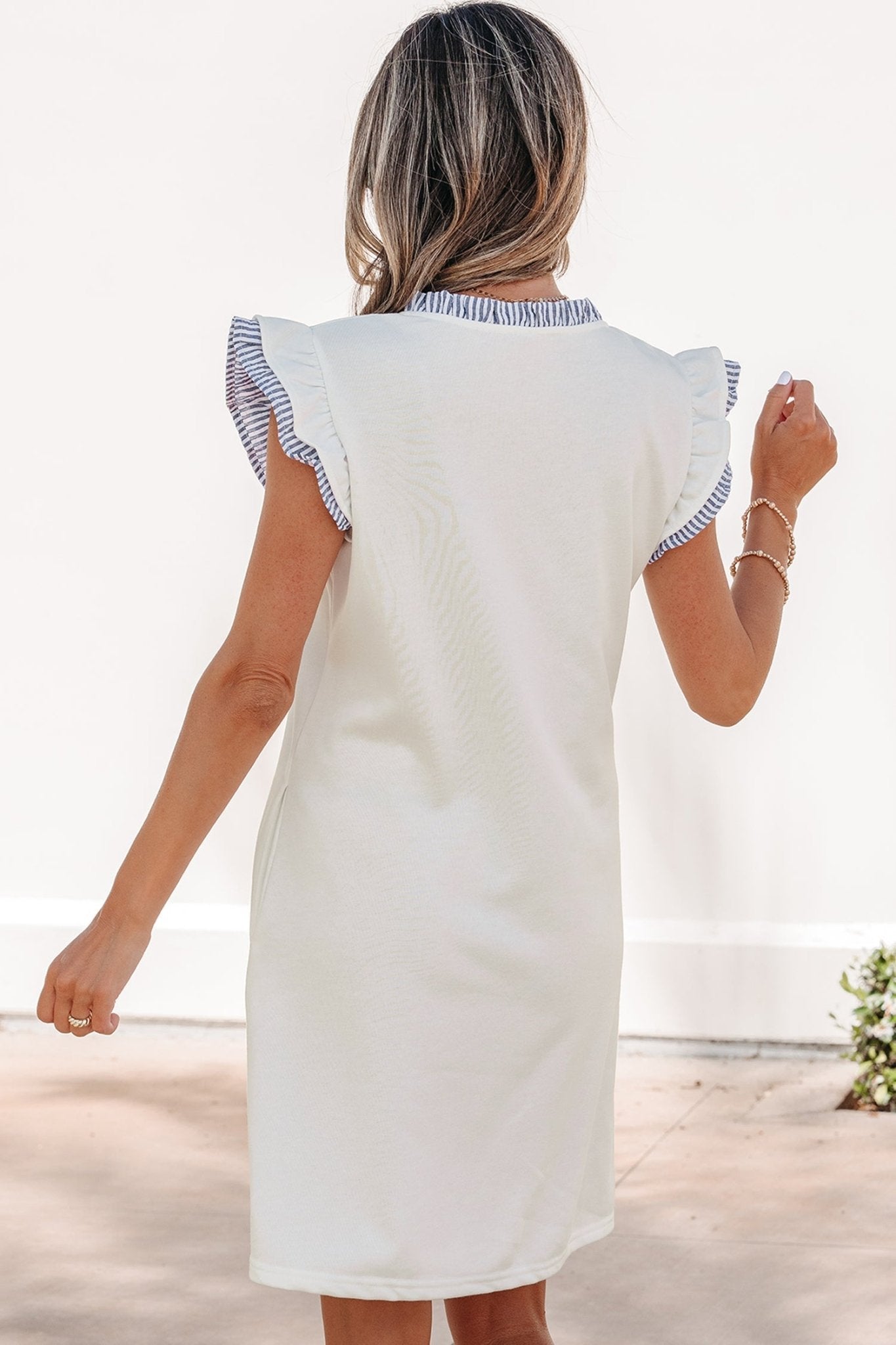 White Contrasted Striped Patchwork Split Neck Ruffle Trim Sleeveless Dress - Loving It Shop