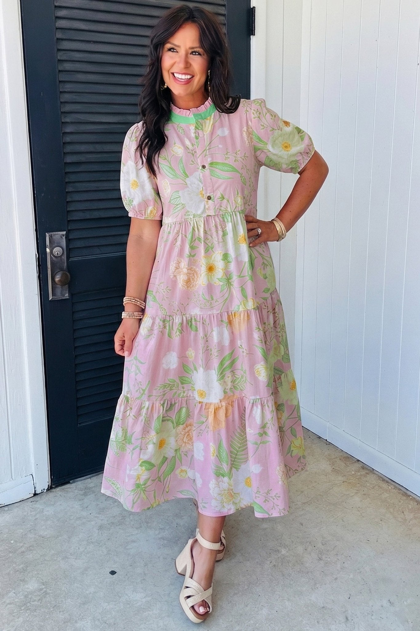 Pink Floral Print Short Puff Sleeve High Waist Tiered Maxi Dress - Loving It Shop