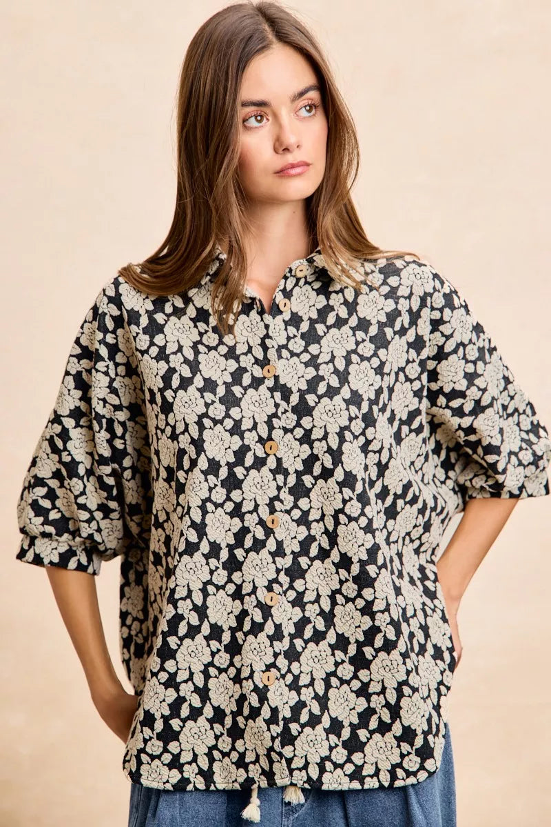 Floral Jacquard Short Dolman Sleeves Shirt