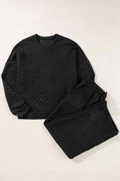 Color black Checkered Textured Split Pullover Top and Pants Set