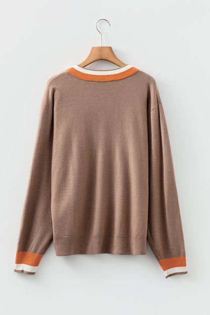 Dark Khaki Contrast Striped Trim V Neck Varsity Sweater
