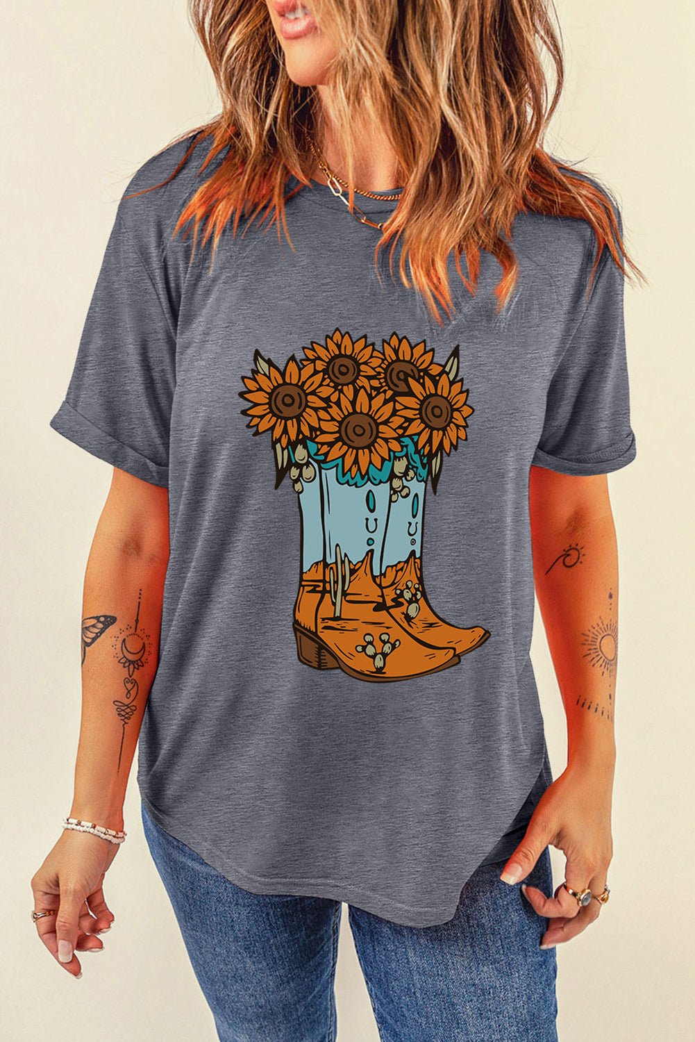Gray Sunflower Cowgirl Boots Print Western Fashion T Shirt - Loving It Shop