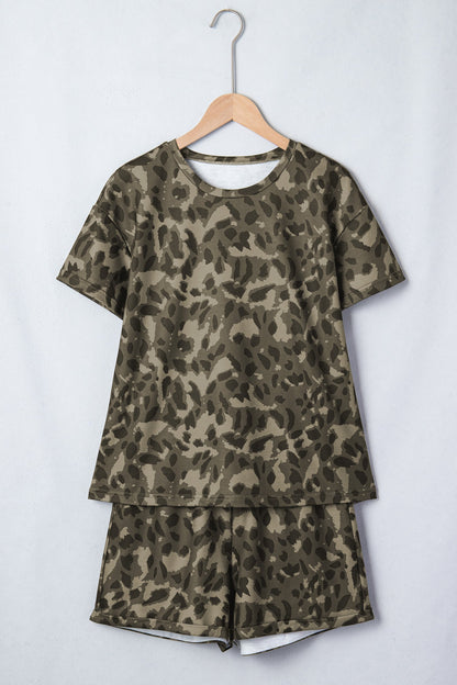 Brown Leopard Print Crew Neck Short Set