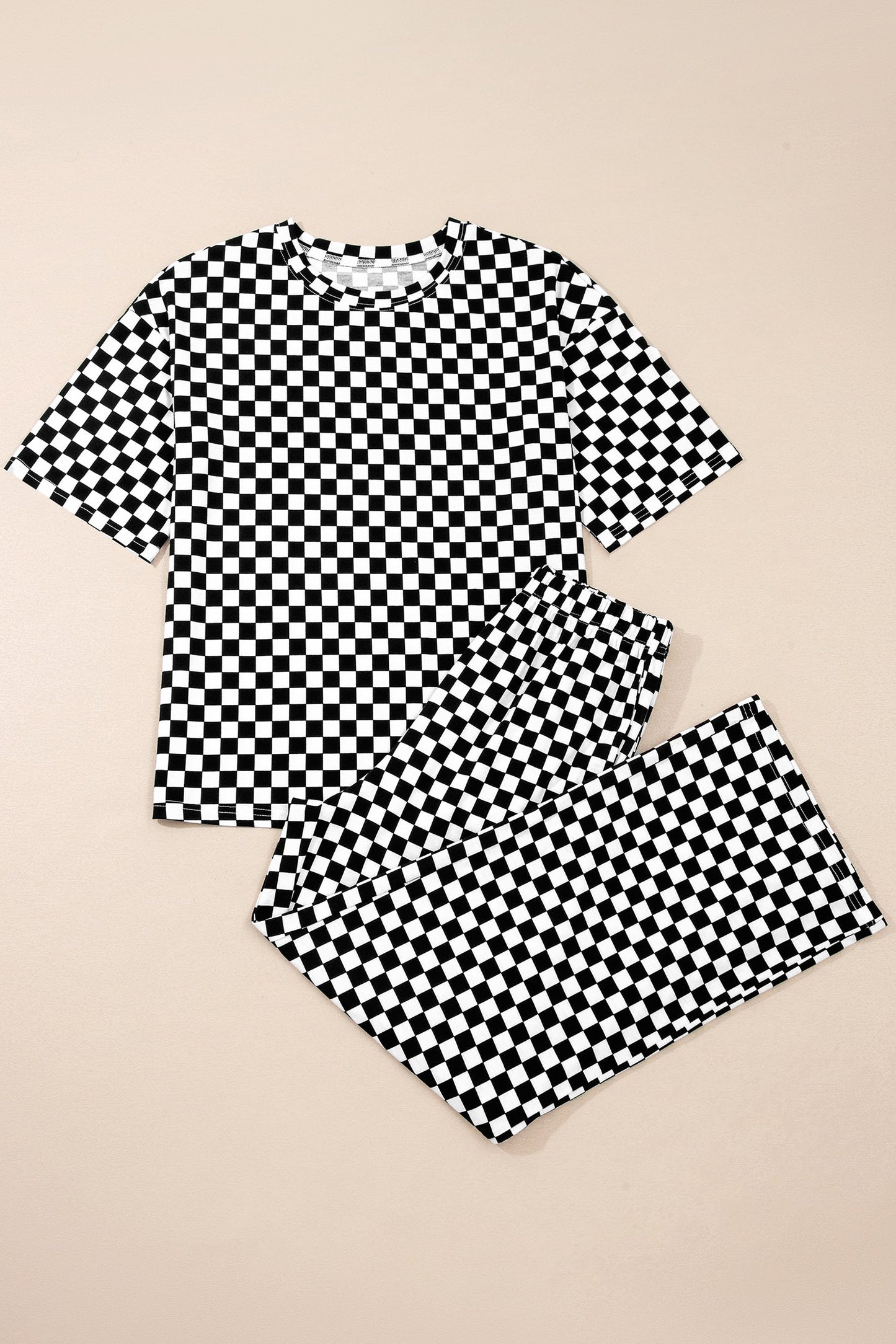 Black Checkered Print Half Sleeve Tee 2pcs Lounge Pant Set
