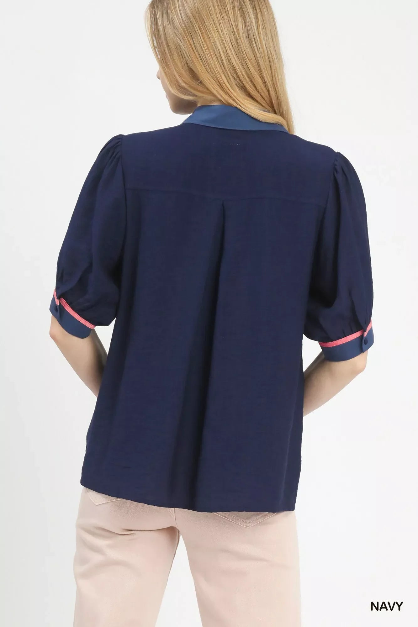 Embroidered Puff Sleeve Contrast Trim Top