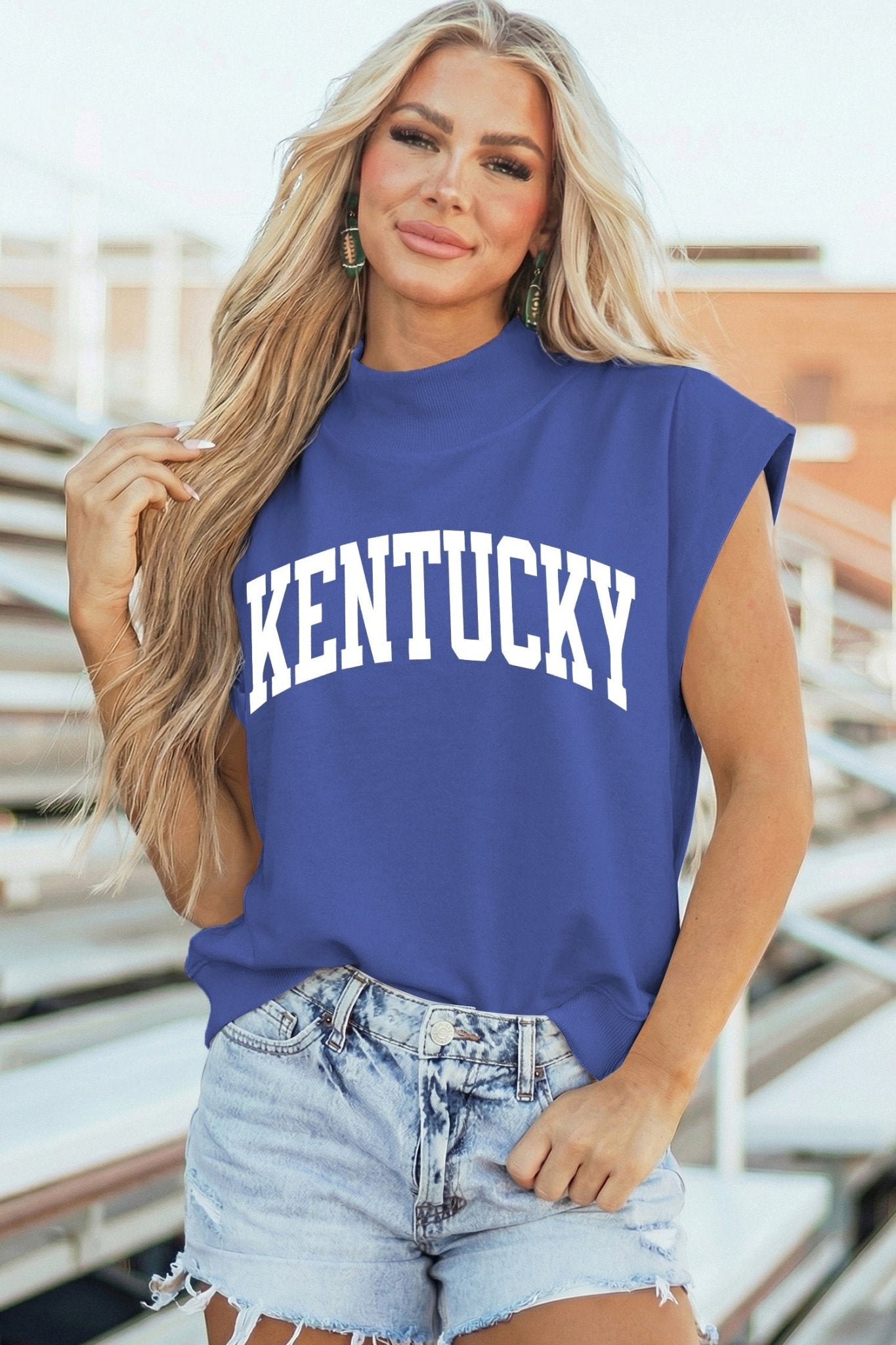 Sky Blue KENTUCKY Leopard KY Double Side Printed Mock Neck Tee - Loving It Shop