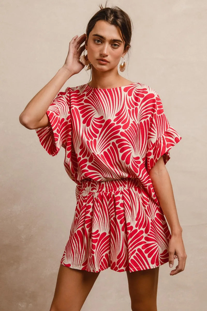 Print Woven Ruffled Sleeves Top