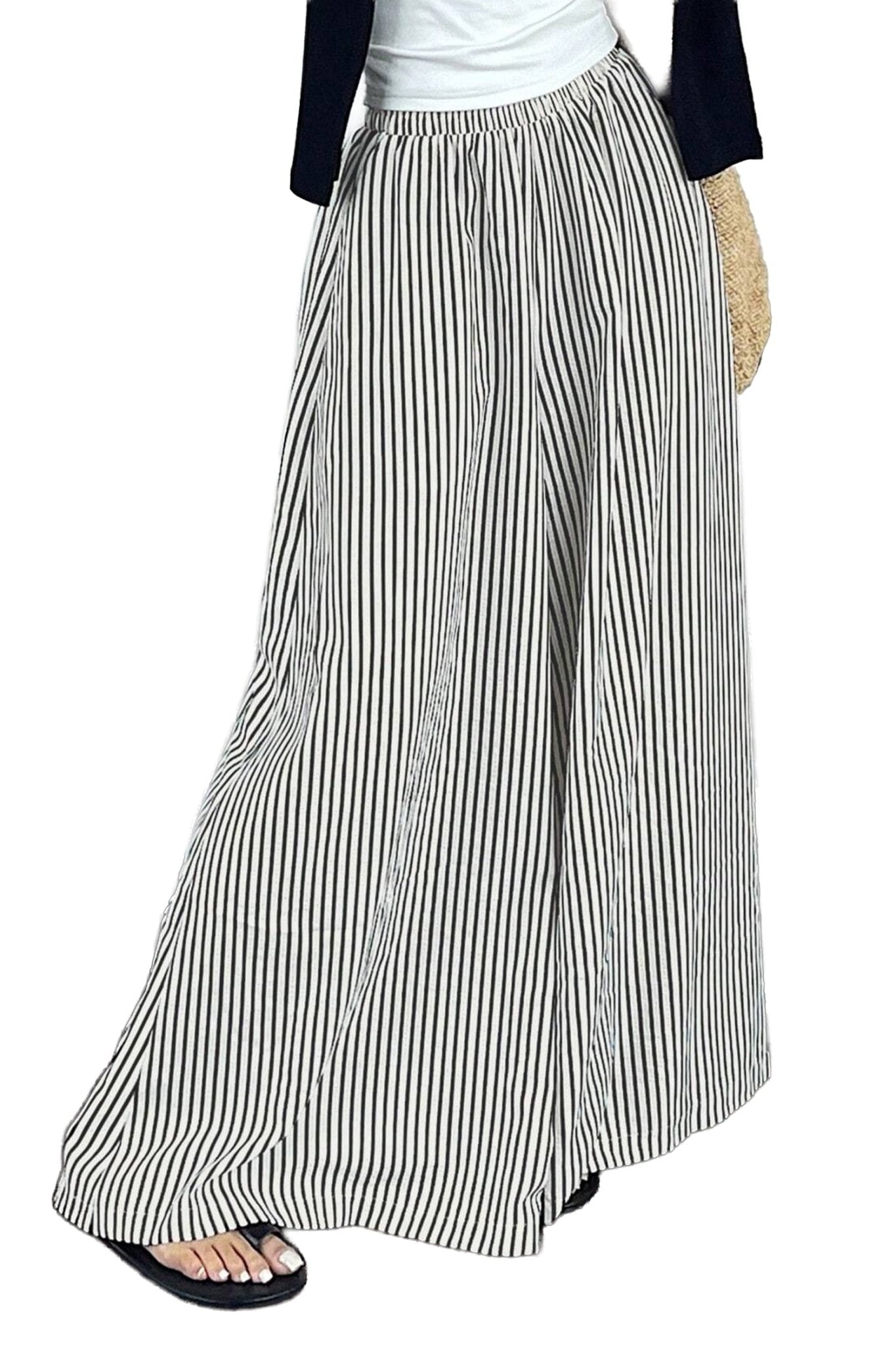 Black Stripe Elastic Waist Ultra Wide Leg Pants - Loving It Shop