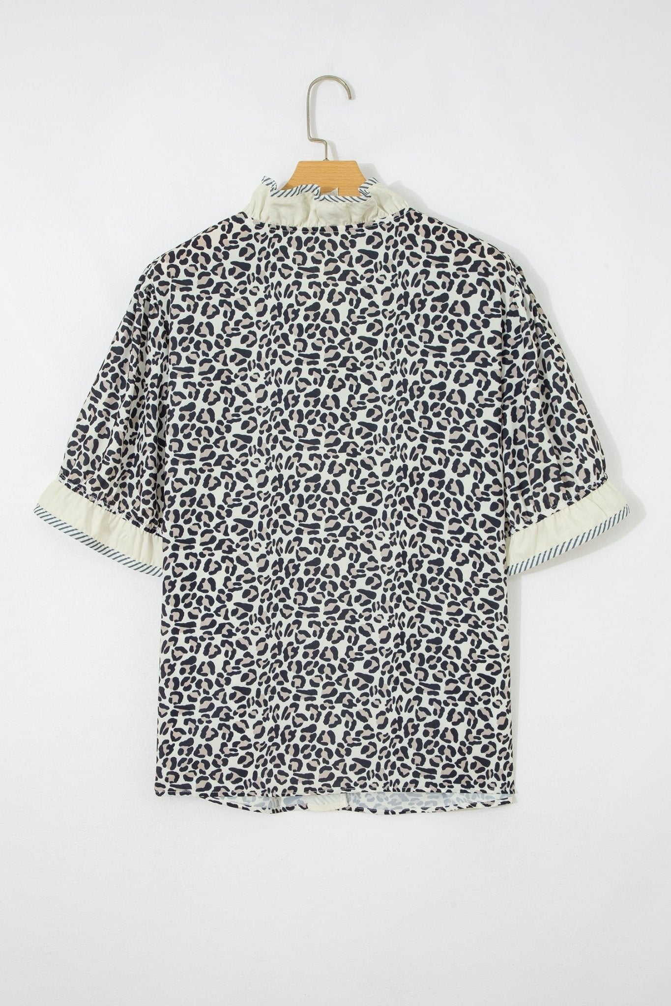 Black Plus Leopard Print Striped Color Block Trim Frilled V Neck Short Sleeve Blouse - Loving It Shop