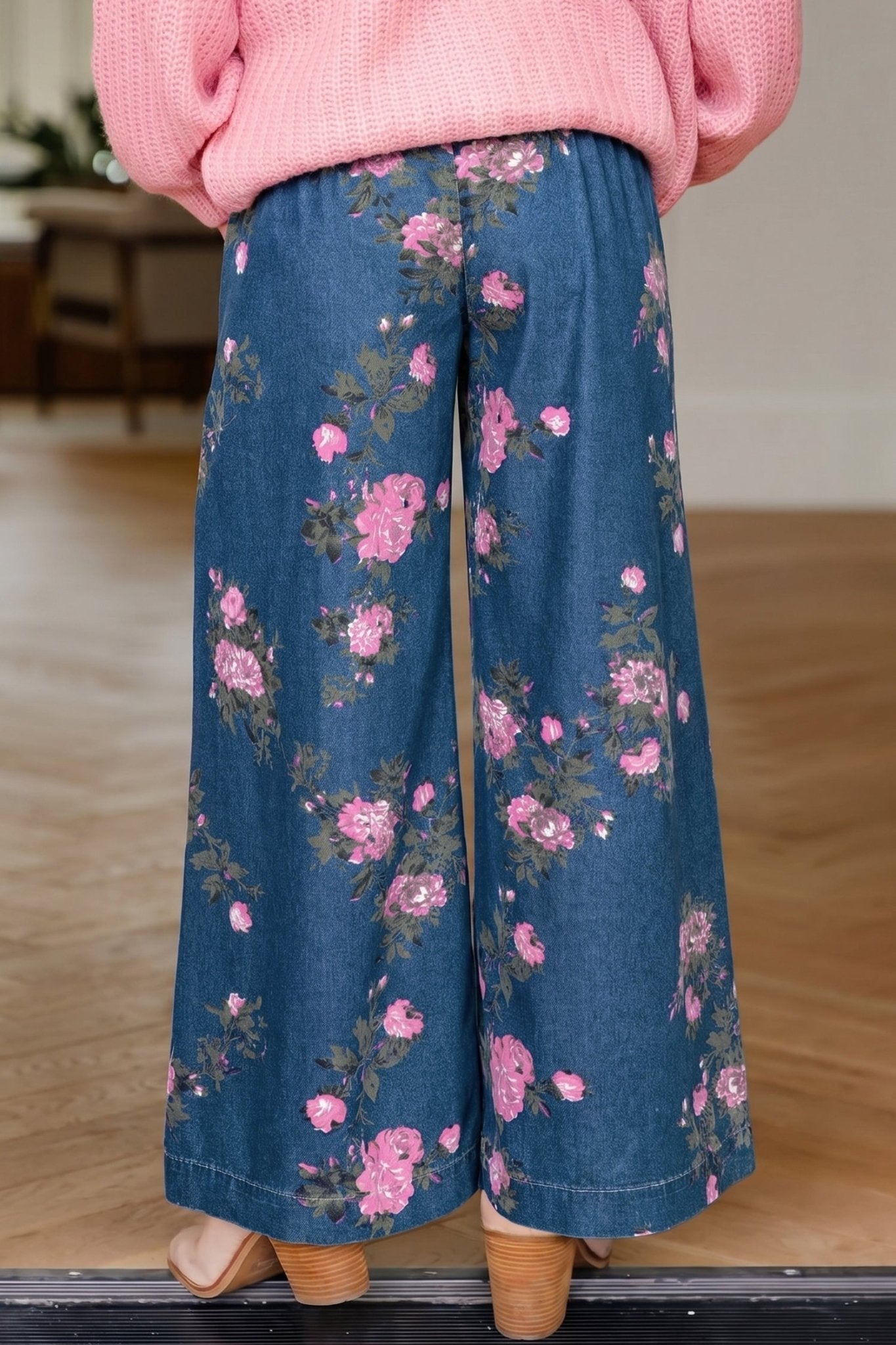 Blue Retro Floral Print Tie Elastic Waist Button Pintuck Wide Leg Jeans - Loving It Shop