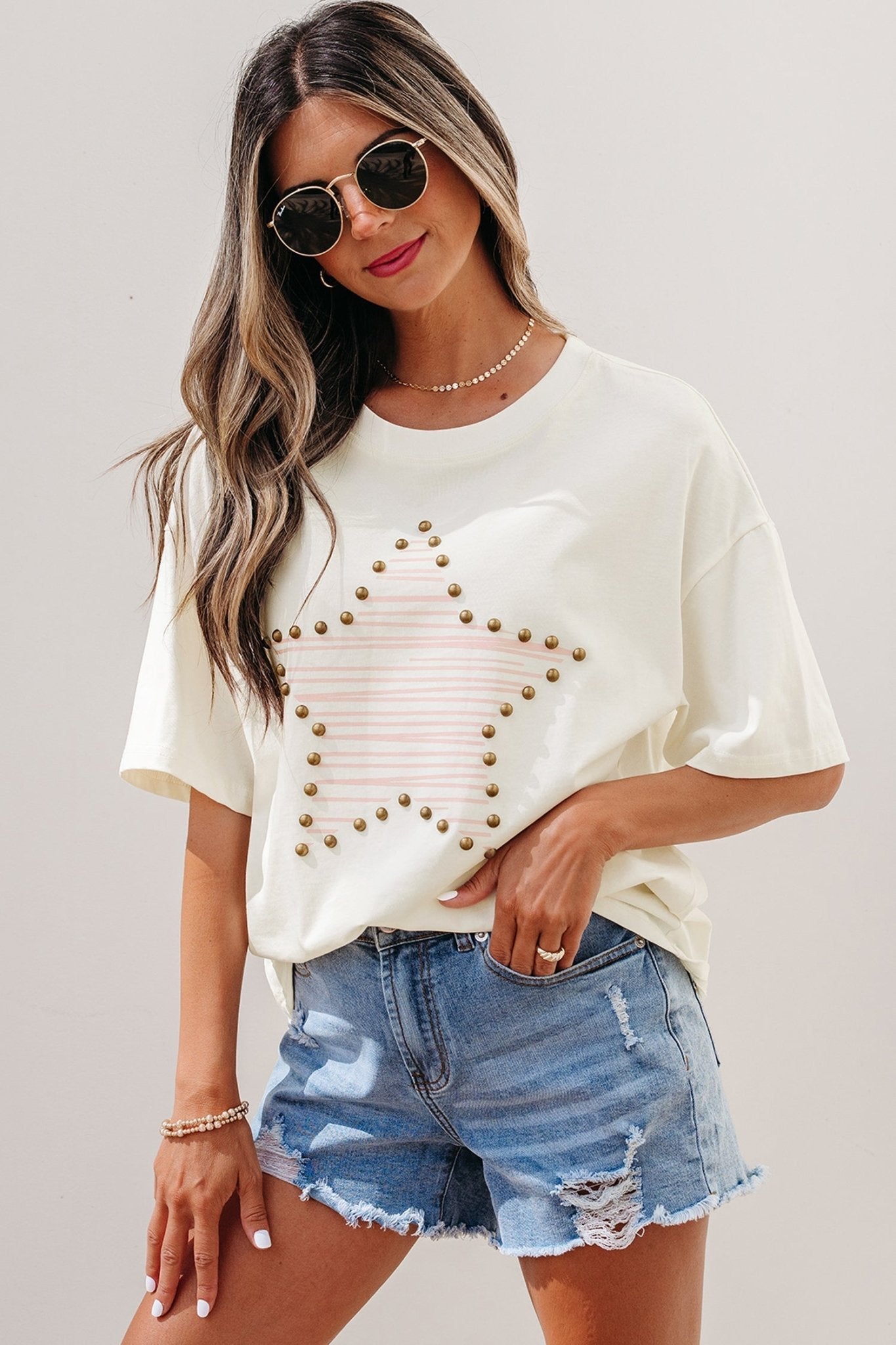 Beige Star Print Stud Detail Cotton Jersey Top - Loving It Shop