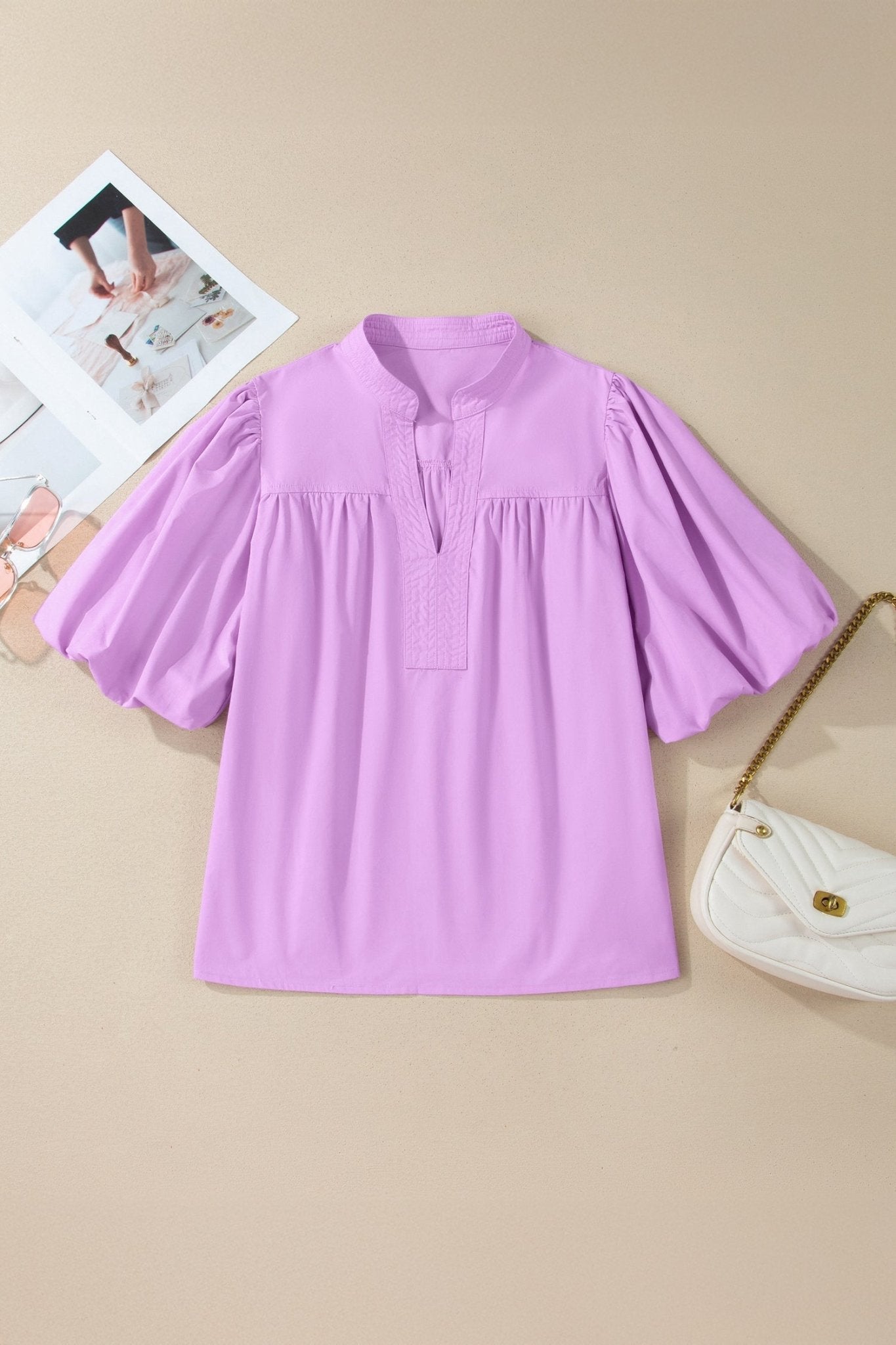 Phalaenopsis Stitched Detail V Neck Puffy Half Sleeve Blouse - Loving It Shop