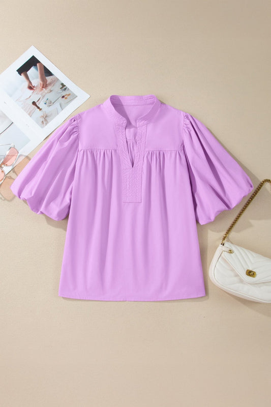 Phalaenopsis Stitched Detail V Neck Puffy Half Sleeve Blouse - Loving It Shop
