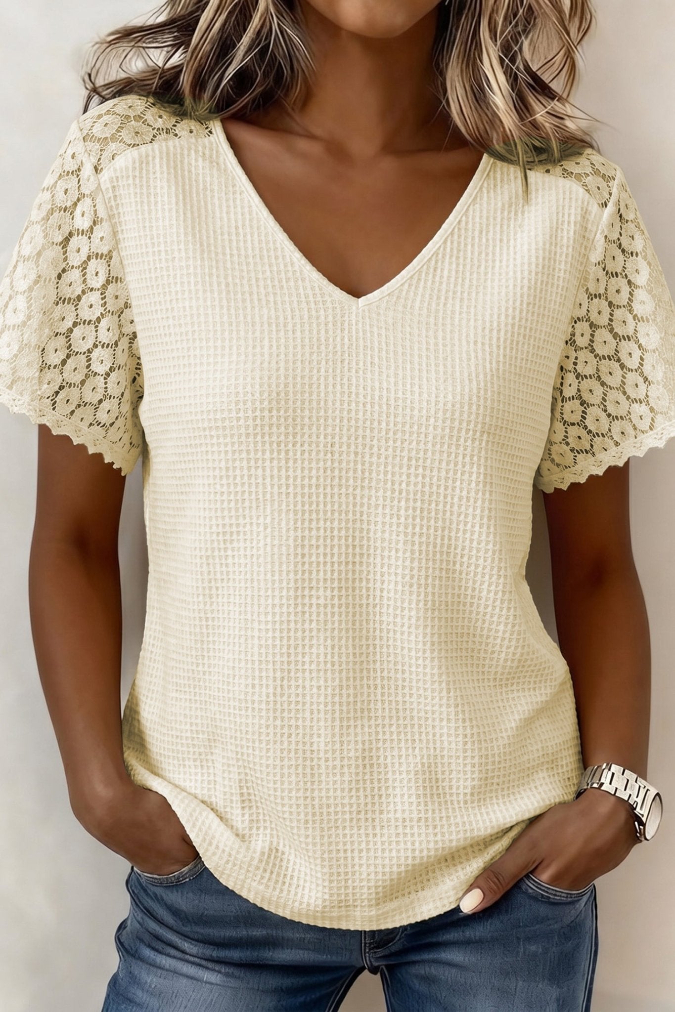 Beige Lace Splicing Button Cutout V Neck Waffle Knit Blouse - Loving It Shop