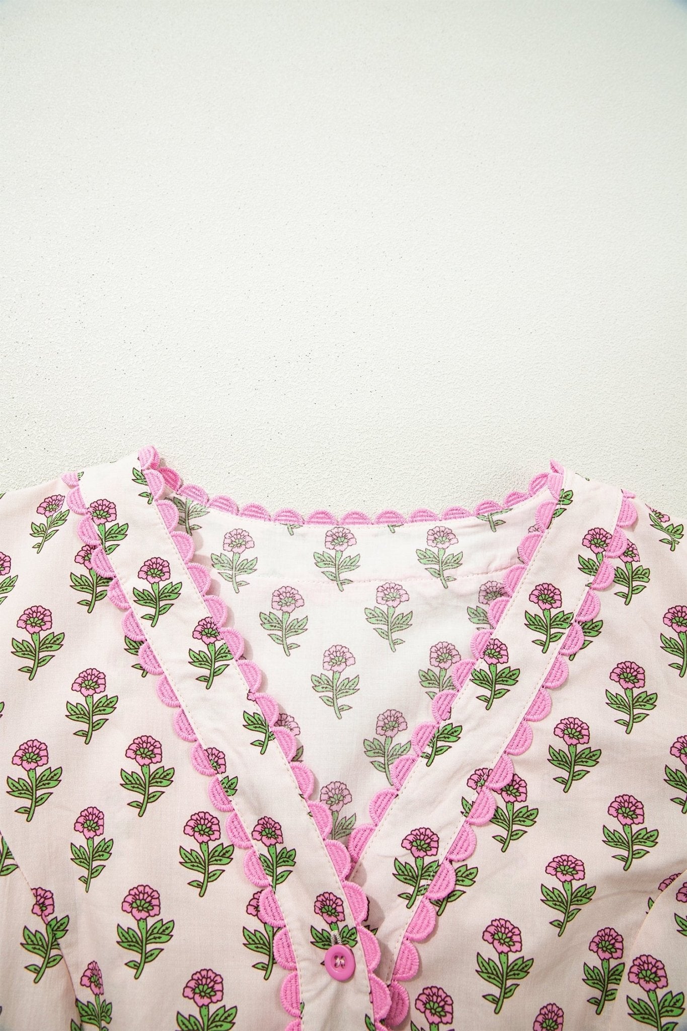 Pink Floral Print V Neck Scallop Trim Button Front Short Sleeve Long Dress - Loving It Shop