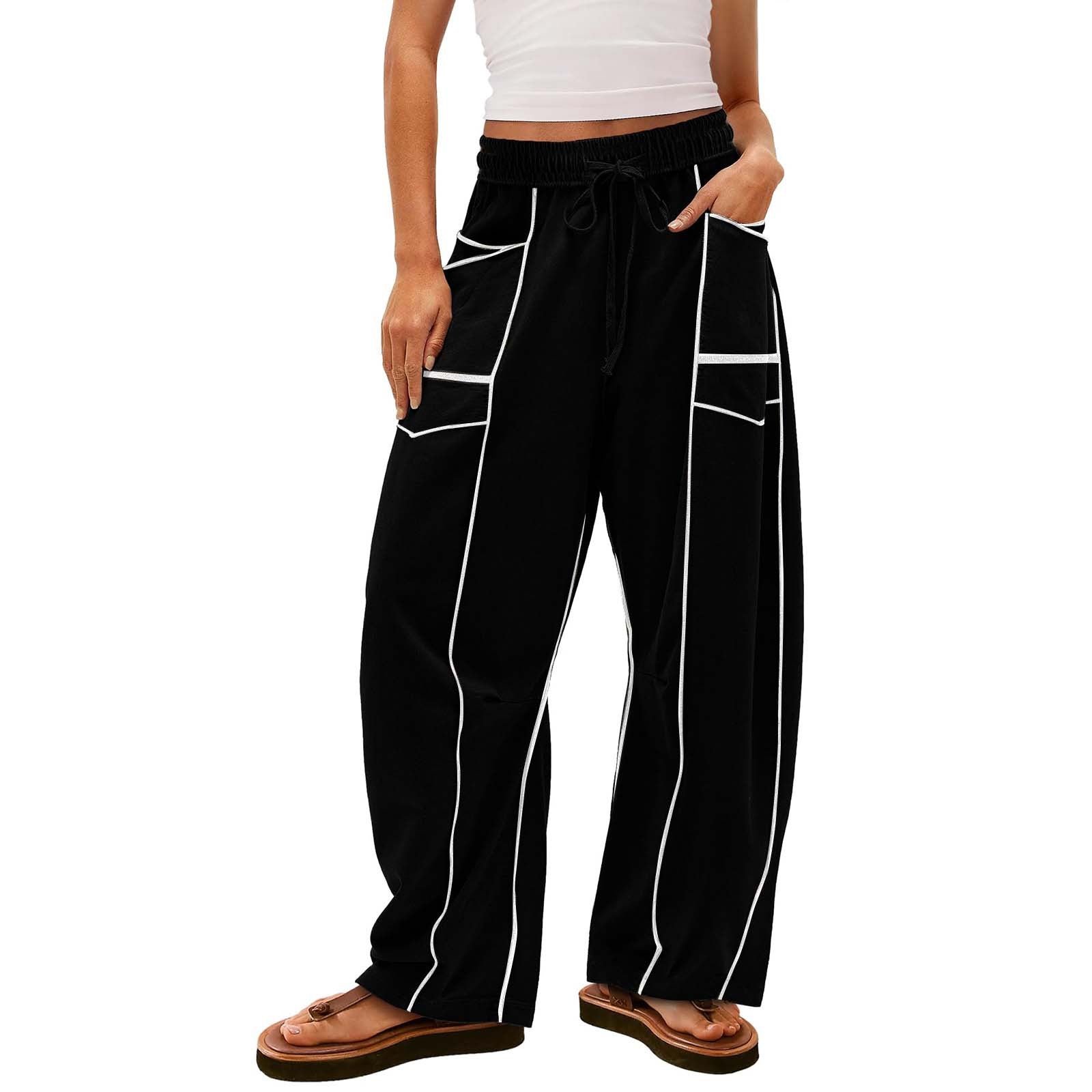 Y2K Black Striped Wide-leg Pants With Pockets Fashion Loose Drawstring Trousers Sports Sweatpants Women&