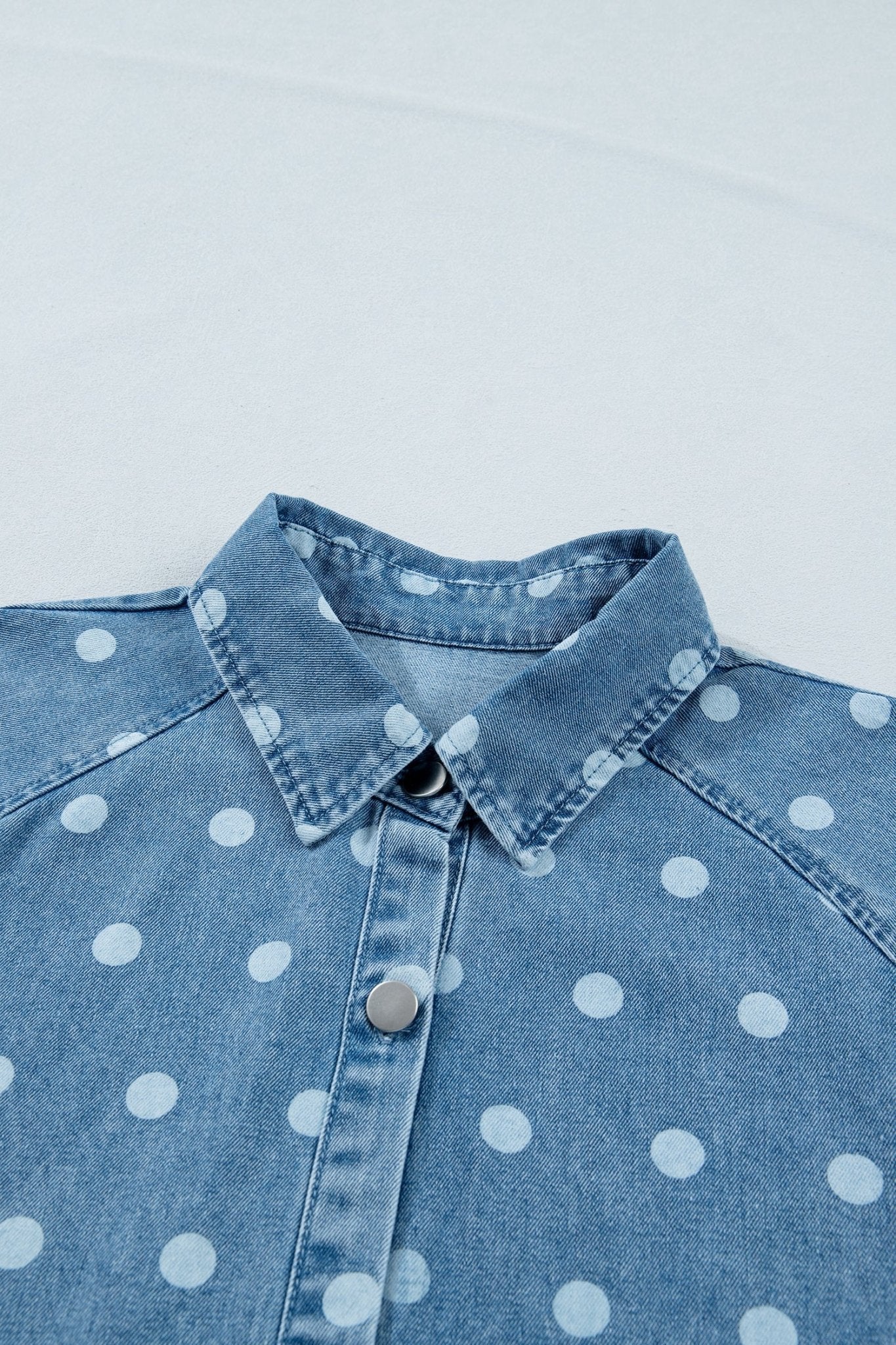 Sky Blue Polka Dot Print Ruffled Short Puff Sleeve Button Down Loose Denim Dress - Loving It Shop