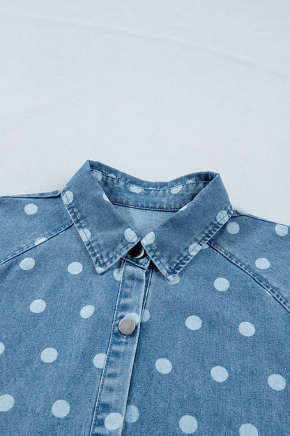 Sky Blue Polka Dot Print Ruffled Short Puff Sleeve Button Down Loose Denim Dress - Loving It Shop