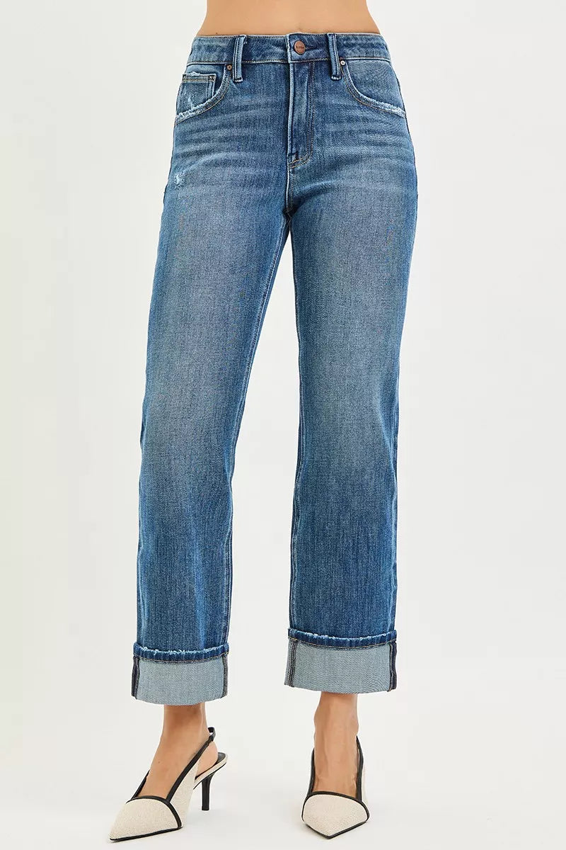 Full Size 4 Way Stretch Slouchy Straight Jeans with Cuffed Hem Plus Size