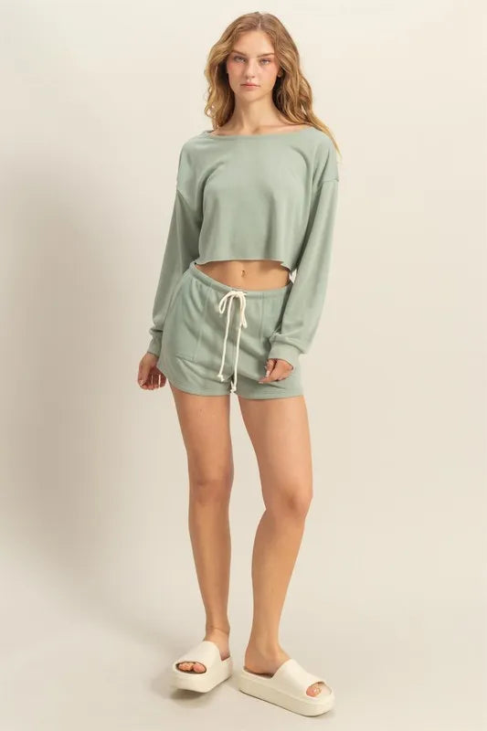Boat Neck Long Sleeve Cropped Top