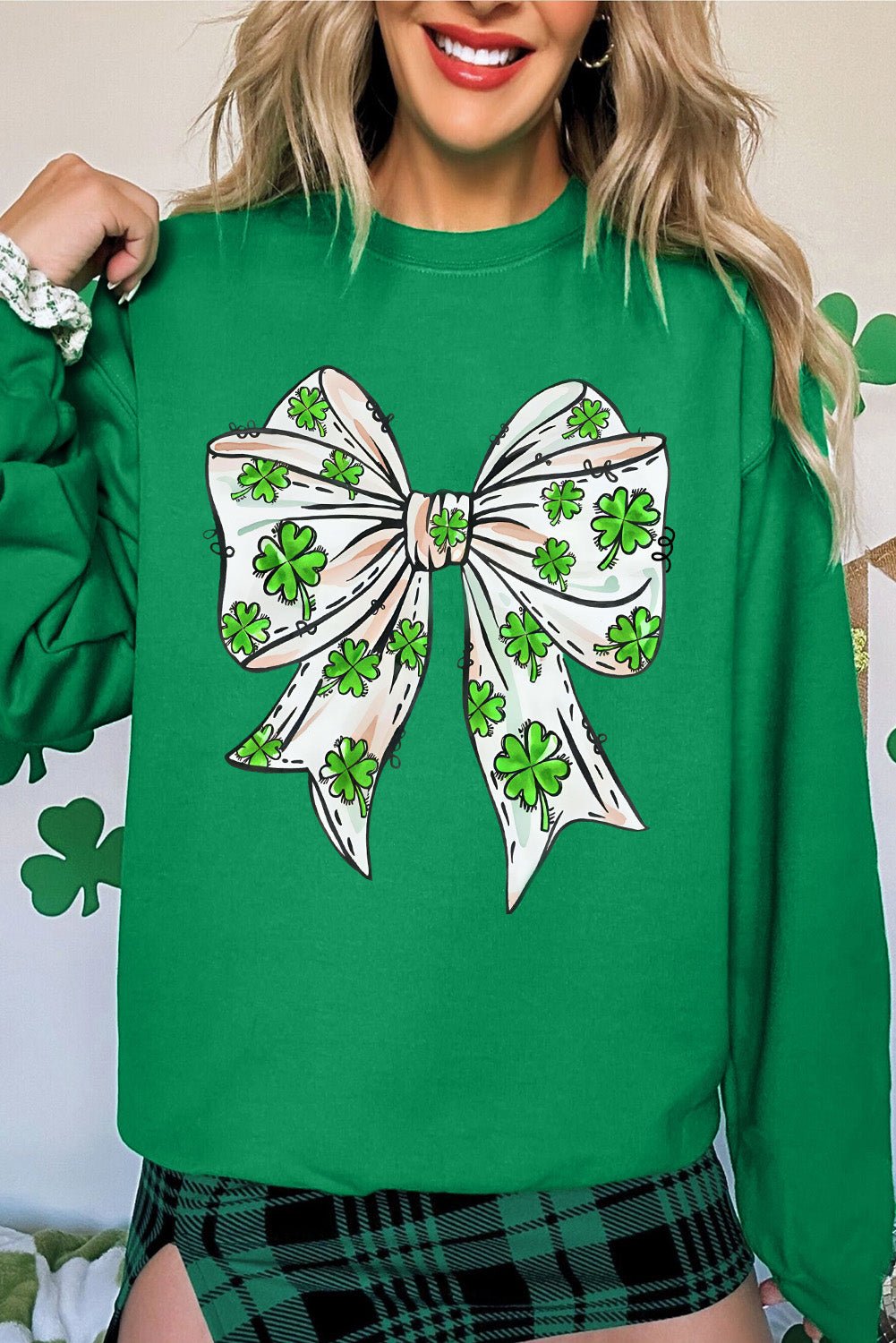 Dark Green St Patricks Clover Bow Printed Drop Shoulder Sweatshirt - Loving It Shop