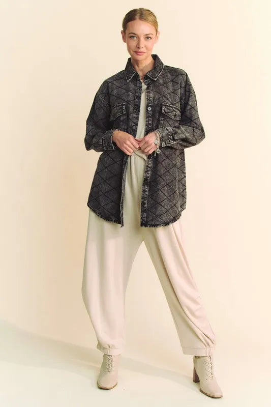 Davi &amp; Dani Curved Hem Diamond Quilted Button Up Denim Shacket