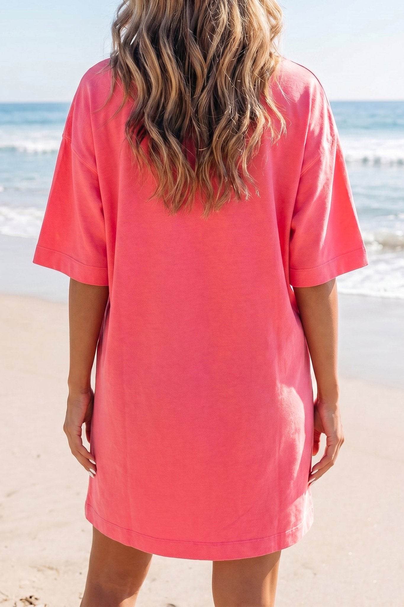 Coral Paradise Drop Shoulder Loose Casual T Shirt Mini Dress - Loving It Shop