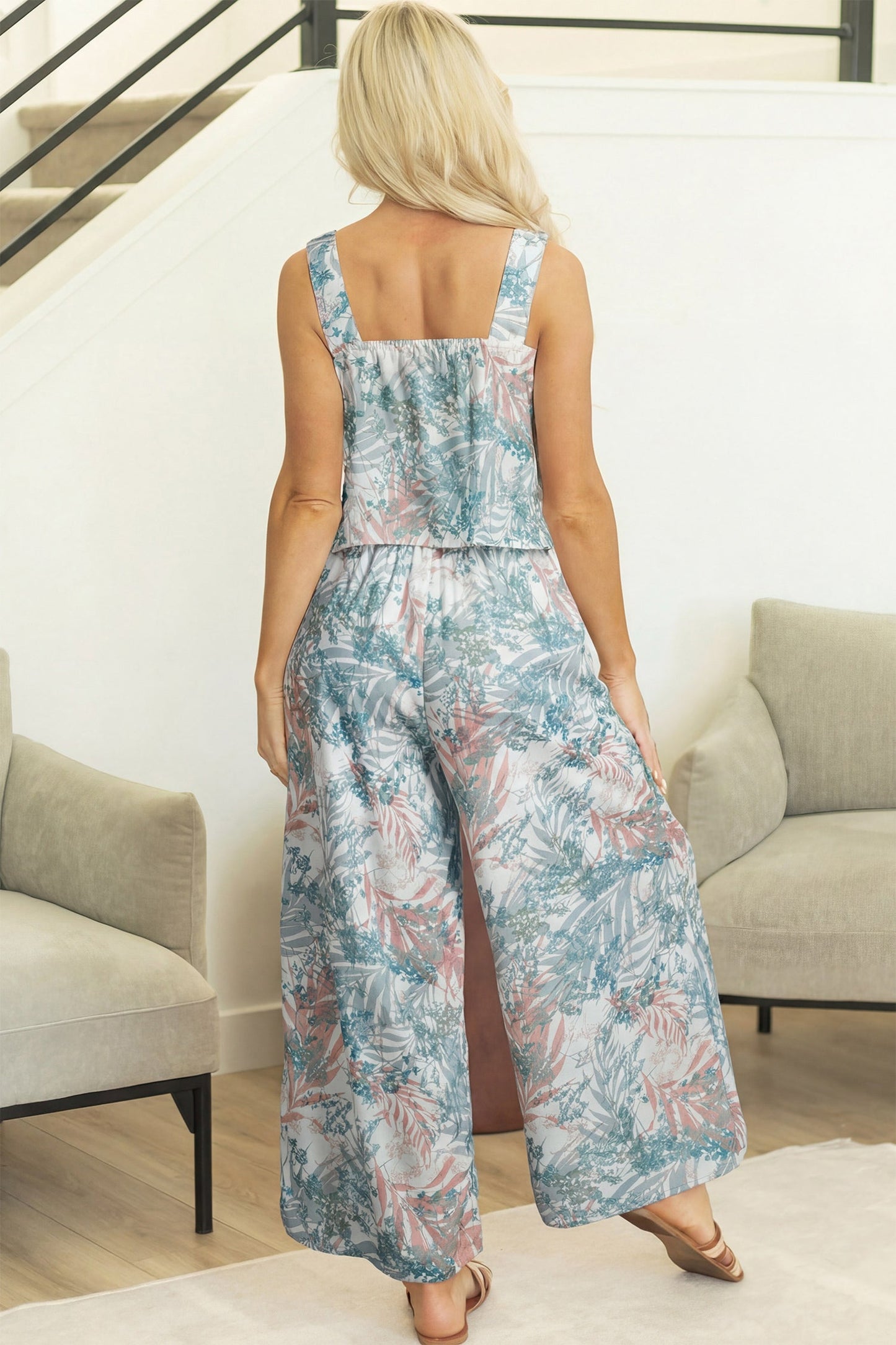 Green Tropical Palm Printed Cropped Tank Drawstring Wide Leg Pant Set