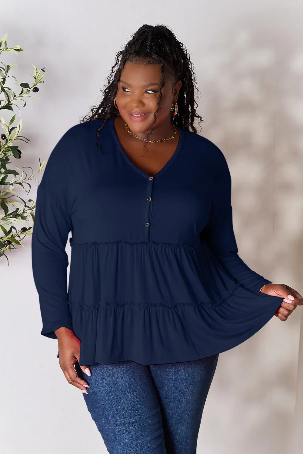 I am a Fashion Junky Take Half Button Long Sleeve Ruffle Hem Blouse